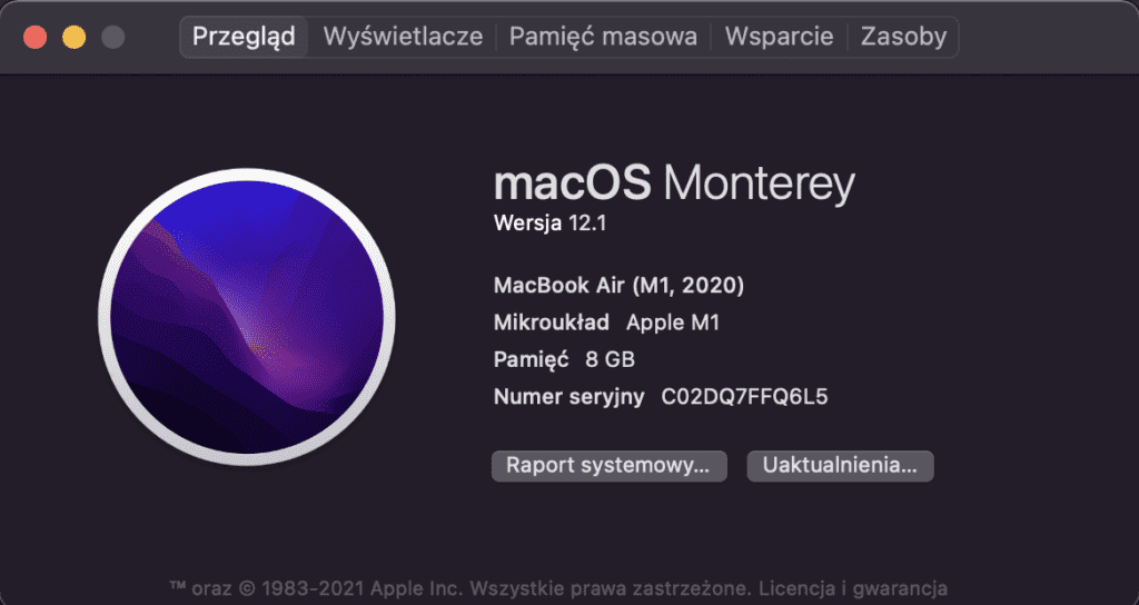 zrzut ekranu macbook air m1
